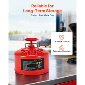 safety gas can, 2.5 gallon type ii red safety can for gasoline with stainless steel flame arrester, self closing lid & flexible metal spout, carbon steel flammable storage with ergonomic handle