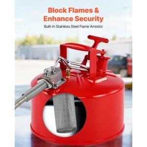 safety gas can, 2.5 gallon type ii red safety can for gasoline with stainless steel flame arrester, self closing lid & flexible metal spout, carbon steel flammable storage with ergonomic handle