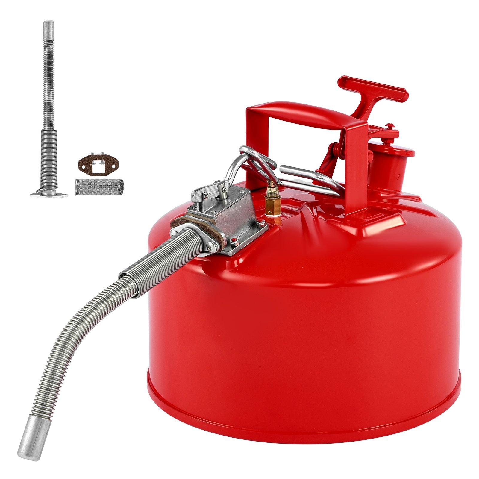 safety gas can, 2.5 gallon type ii red safety can for gasoline with stainless steel flame arrester, self closing lid & flexible metal spout, carbon steel flammable storage with ergonomic handle