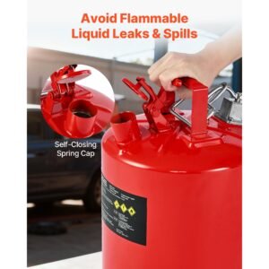 safety gas can, 5 gallon type ii red safety can for gasoline with stainless steel flame arrester, self closing lid & flexible metal spout, carbon steel flammable storage with ergonomic handle