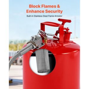 safety gas can, 5 gallon type ii red safety can for gasoline with stainless steel flame arrester, self closing lid & flexible metal spout, carbon steel flammable storage with ergonomic handle