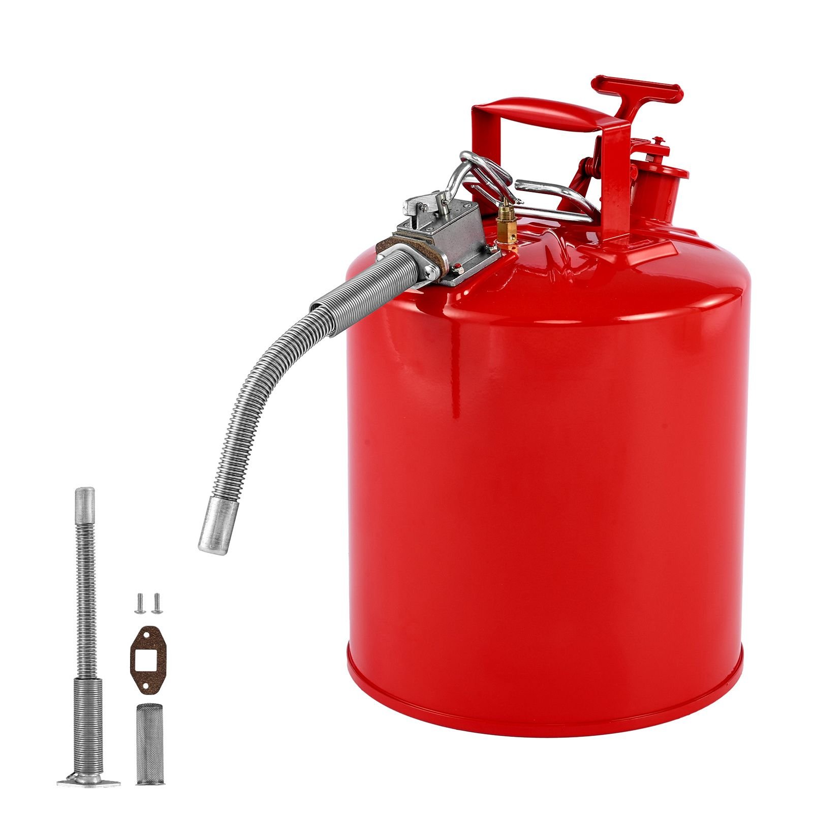 safety gas can, 5 gallon type ii red safety can for gasoline with stainless steel flame arrester, self closing lid & flexible metal spout, carbon steel flammable storage with ergonomic handle