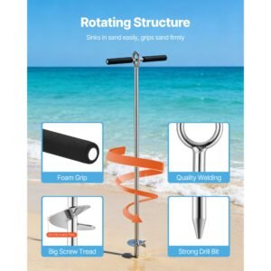 sand anchor, 36 in stainless steel beach anchor, screw in sand boat anchors with spiral blade, shallow water boat auger anchors, for securing jet ski pwc pontoon kayak on beaches and sandbars