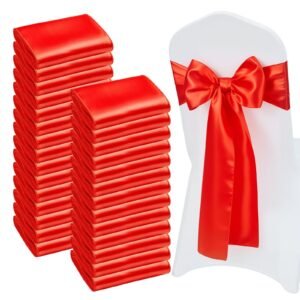 Satin Chair Sashes Bows, 100PCS Chair Ribbon Ties Back Sash, 7 x 108 inch, Red Wedding Reception Decoration, for Wedding Ceremony Baby Shower Party Events Banquet Chair Cover Decoration
