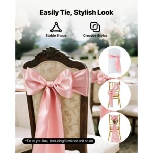 satin chair sashes bows, 100pcs chair ribbon ties back sash, 7 x 108 inch, rose gold wedding reception decoration, for wedding ceremony baby shower party events banquet chair cover decoration