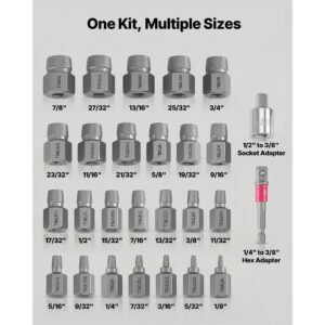screw extractor set, 27 pieces hex head multi spline easy out bolt extractor tool, with adapters, solid storage case, cr mo steel stripped bolt remover for removing rounded, broken bolts, screws
