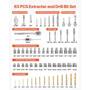 screw extractor set, 63 pieces, with nut and bolt extractors, nut splitters, taps, drill bits, wrenches, adapters, and solid storage case, for removing rounded, broken, or stripped fasteners