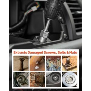 screw extractor set, 63 pieces, with nut and bolt extractors, nut splitters, taps, drill bits, wrenches, adapters, and solid storage case, for removing rounded, broken, or stripped fasteners