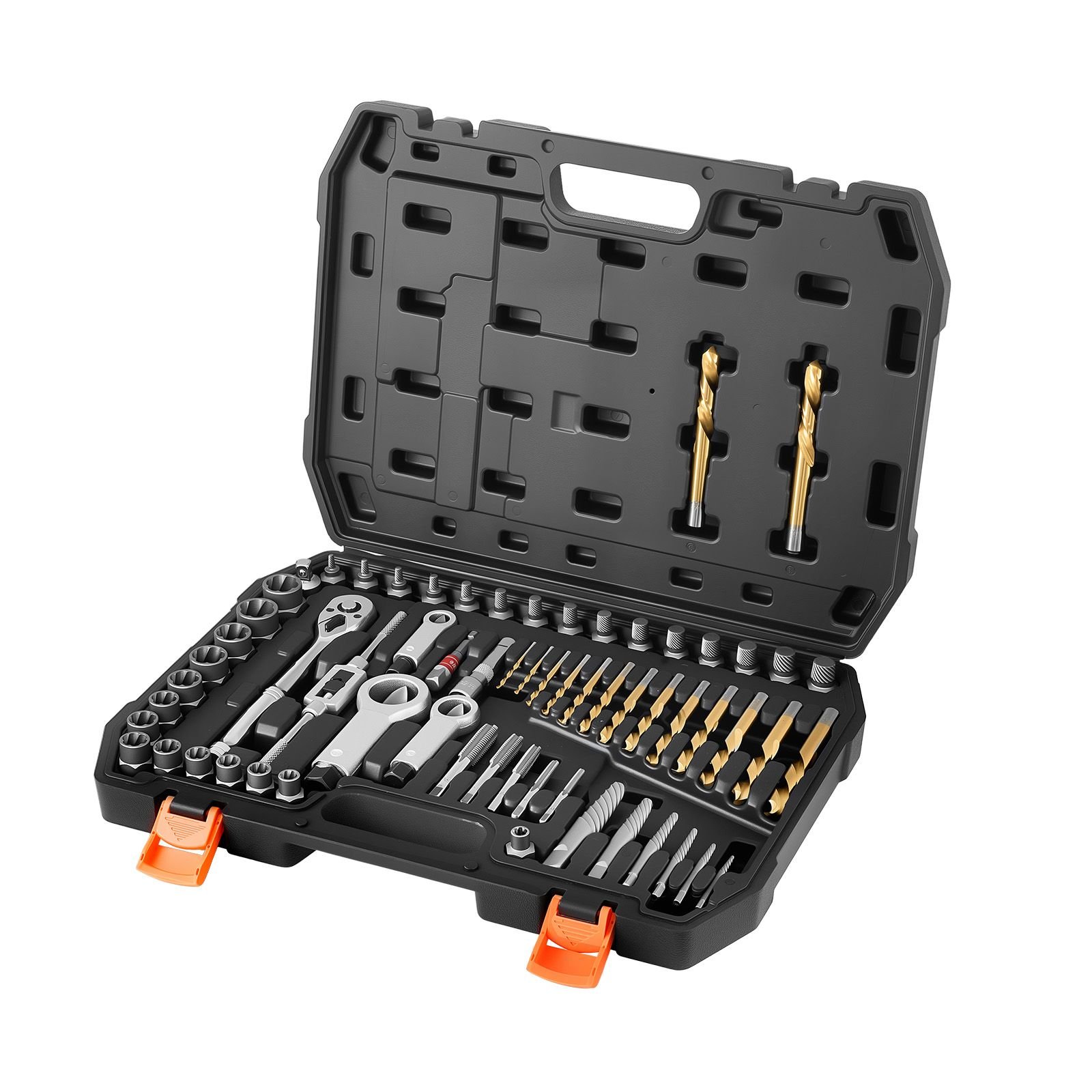 screw extractor set, 63 pieces, with nut and bolt extractors, nut splitters, taps, drill bits, wrenches, adapters, and solid storage case, for removing rounded, broken, or stripped fasteners