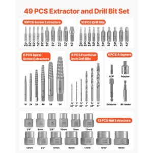 screw extractor set with drill bits, 49 pieces, easy out nut bolt extractors and drill bits, with adapters, solid storage case, cr mo steel for removing rounded, broken, or stripped fasteners