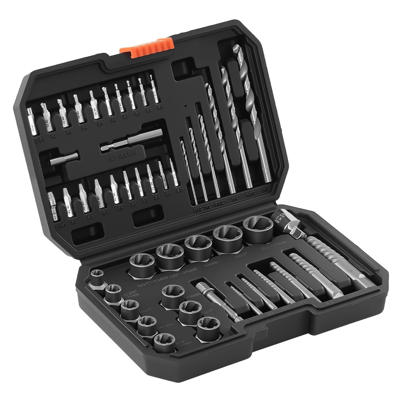 screw extractor set with drill bits, 49 pieces, easy out nut bolt extractors and drill bits, with adapters, solid storage case, cr mo steel for removing rounded, broken, or stripped fasteners