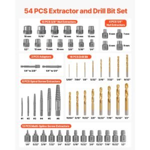 screw extractor set with drill bits, 54 pieces, easy out nut bolt extractors and drill bits, with adapters, solid storage case, cr mo steel for removing rounded, broken, or stripped fasteners