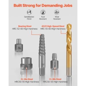 screw extractor set with drill bits, 54 pieces, easy out nut bolt extractors and drill bits, with adapters, solid storage case, cr mo steel for removing rounded, broken, or stripped fasteners
