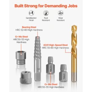 screw extractor set with drill bits, 65 pieces, easy out nut bolt extractors and drill bits, with adapters, solid storage case, cr mo steel for removing rounded, broken, or stripped fasteners