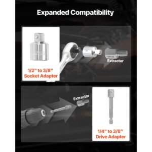 screw extractor set with drill bits, 65 pieces, easy out nut bolt extractors and drill bits, with adapters, solid storage case, cr mo steel for removing rounded, broken, or stripped fasteners