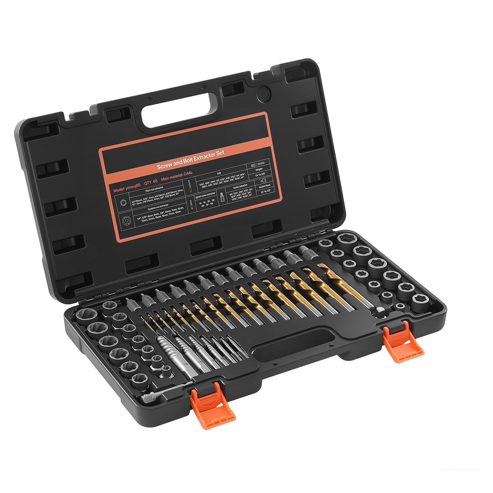 screw extractor set with drill bits, 65 pieces, easy out nut bolt extractors and drill bits, with adapters, solid storage case, cr mo steel for removing rounded, broken, or stripped fasteners