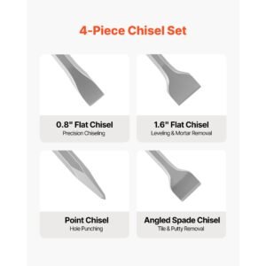 sds plus chisel set, 4 pcs sds plus rotary hammer drill attachments, includes point, flat, & angled spade chisels, heat treated 40cr alloy steel, sharp edge for demolition, concrete and brick