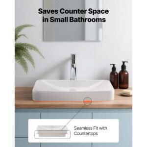 semi recessed bathroom sink, 19.29 x 12.01 inch rectangular white ceramic vessel sink with 1 3/4 inch drain hole, drop in modern lavatory vanity bath wash bowl basin, rectangle for small space