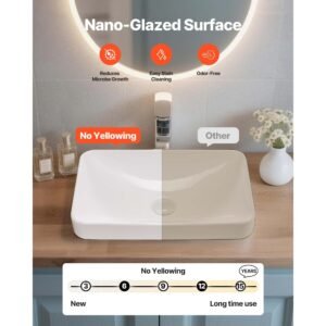 semi recessed bathroom sink, 19.29 x 12.01 inch rectangular white ceramic vessel sink with 1 3/4 inch drain hole, drop in modern lavatory vanity bath wash bowl basin, rectangle for small space
