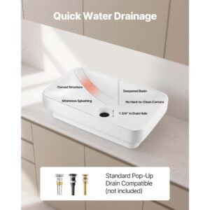 semi recessed bathroom sink, 19.29 x 12.01 inch rectangular white ceramic vessel sink with 1 3/4 inch drain hole, drop in modern lavatory vanity bath wash bowl basin, rectangle for small space