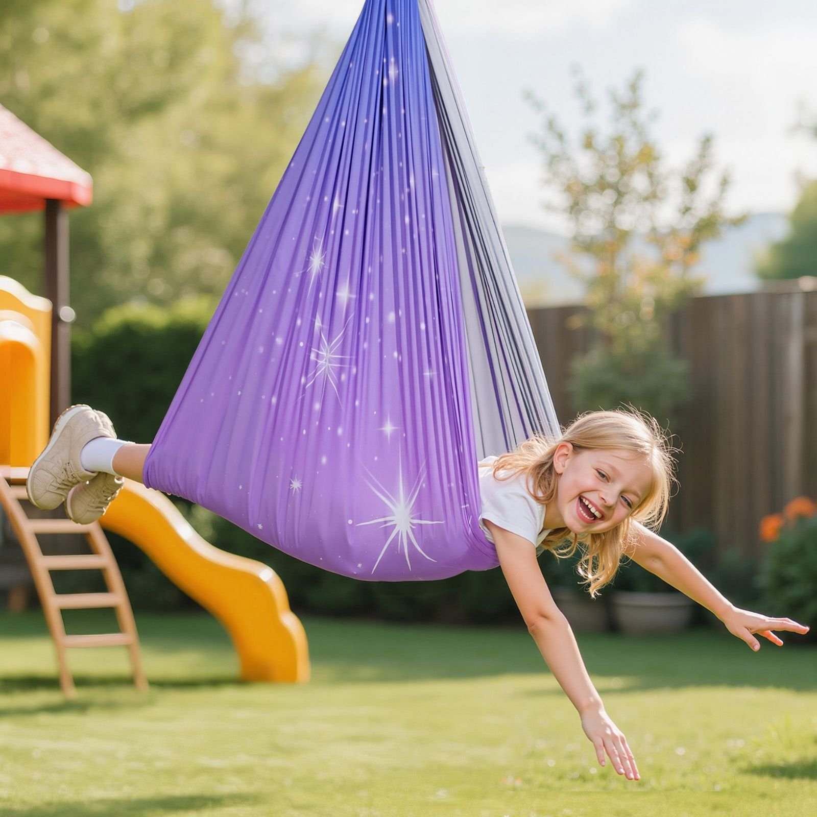 sensory swing, double layer fabric sensorys hammock, indoor & outdoor sensory swing with 360° swivel hanger, o sling, holds up to 300lbs, adjustable aerial yoga, ceiling swings for kids