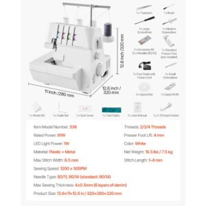 serger overlock sewing machine, 1250 stitches per minute, 2 3 4 thread capability, 0.7 2 adjustable differential feed, with free arm and led light, sewing machine for various fabrics, white