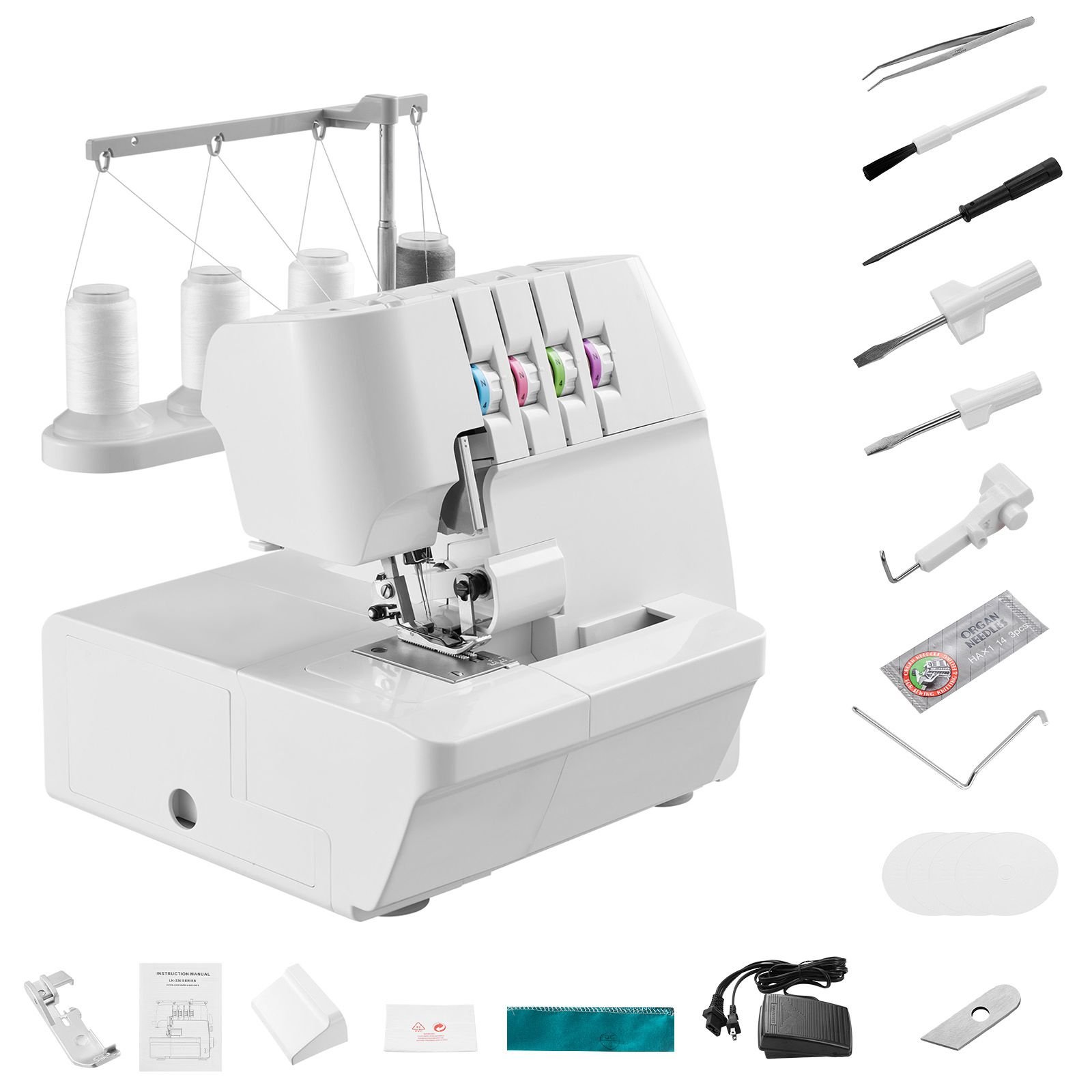 serger overlock sewing machine, 1250 stitches per minute, 2 3 4 thread capability, 0.7 2 adjustable differential feed, with free arm and led light, sewing machine for various fabrics, white
