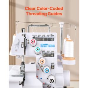 serger overlock sewing machine, 1250 stitches per minute, 2 3 5 thread capability, with led light and strong suction feet, heavy duty metal frame sewing machine for various fabrics, white