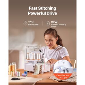 serger overlock sewing machine, 1250 stitches per minute, 2 3 5 thread capability, with led light and strong suction feet, heavy duty metal frame sewing machine for various fabrics, white