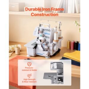 serger overlock sewing machine, 1250 stitches per minute, 2 3 5 thread capability, with led light and strong suction feet, heavy duty metal frame sewing machine for various fabrics, white