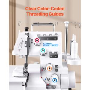 serger overlock sewing machine, 1250 stitches per minute, 3 and 4 thread capability, with led light and strong suction feet, heavy duty metal frame sewing machine for various fabrics, white