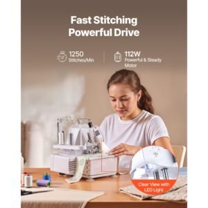 serger overlock sewing machine, 1250 stitches per minute, 3 and 4 thread capability, with led light and strong suction feet, heavy duty metal frame sewing machine for various fabrics, white