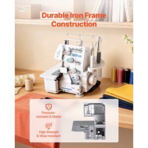 serger overlock sewing machine, 1250 stitches per minute, 3 and 4 thread capability, with led light and strong suction feet, heavy duty metal frame sewing machine for various fabrics, white