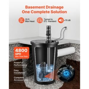 sewage pump system, 1/2 hp, 4800 gph cast iron sewage pump with basin kit, 120 volt, automatic on/off outdoor water/seepage collection and removal system with float switch, 2" discharge, black