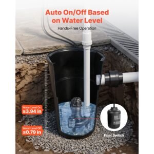 sewage pump system, 1/2 hp, 4800 gph cast iron sewage pump with basin kit, 120 volt, automatic on/off outdoor water/seepage collection and removal system with float switch, 2" discharge, black