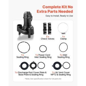 sewage pump system, 1/2 hp, 4800 gph cast iron sewage pump with basin kit, 120 volt, automatic on/off outdoor water/seepage collection and removal system with float switch, 2" discharge, black