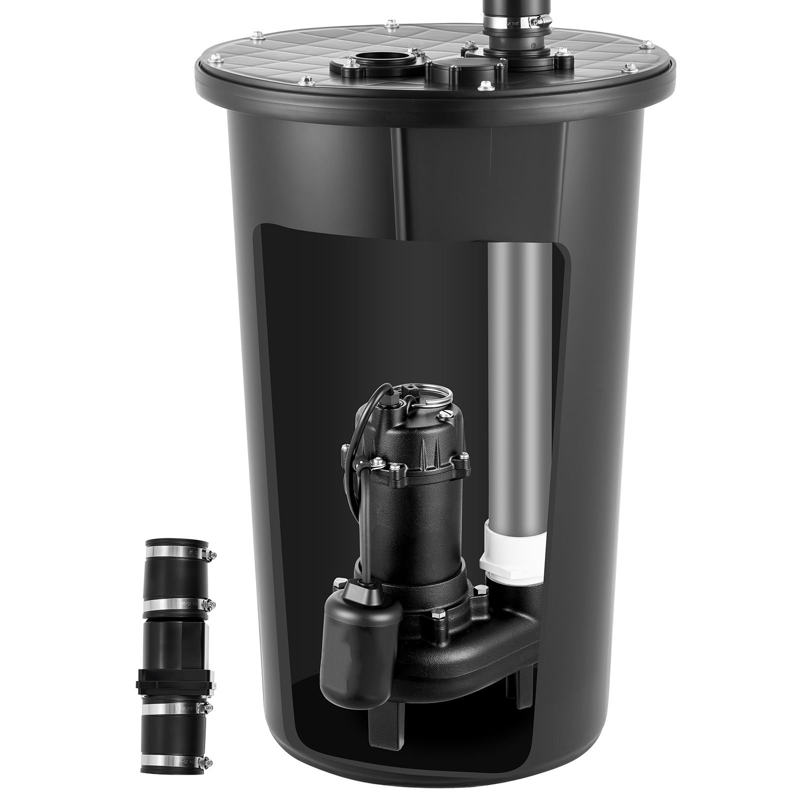 sewage pump system, 1/2 hp, 4800 gph cast iron sewage pump with basin kit, 120 volt, automatic on/off outdoor water/seepage collection and removal system with float switch, 2" discharge, black