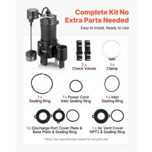 sewage pump system, 1/2 hp, 4800 gph cast iron sewage pump with basin kit, 120 volt automatic outdoor water/seepage collection and removal system with vertical float switch, 2" discharge, black