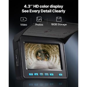 sewer camera, 98 ft/30m, self leveling drain inspection camera with 4.3" 1080p hd screen, ip68 waterproof snake plumbing camera with lights 12 leds & 16gb card for sewer line duct pipe