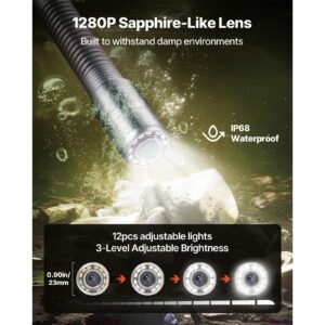 sewer camera, 98 ft/30m, self leveling drain inspection camera with 4.3" 1080p hd screen, ip68 waterproof snake plumbing camera with lights 12 leds & 16gb card for sewer line duct pipe