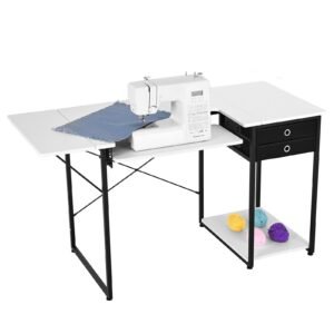 sewing table, multipurpose sewing machine table with drawers, foldable side shelf, adjustable shelf, steel legs, computer desk for home, fashion studio, art studio, educational institution