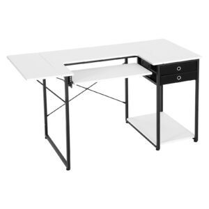 sewing table, multipurpose sewing machine table with drawers, foldable side shelf, adjustable shelf, steel legs, computer desk for home, fashion studio, art studio, educational institution