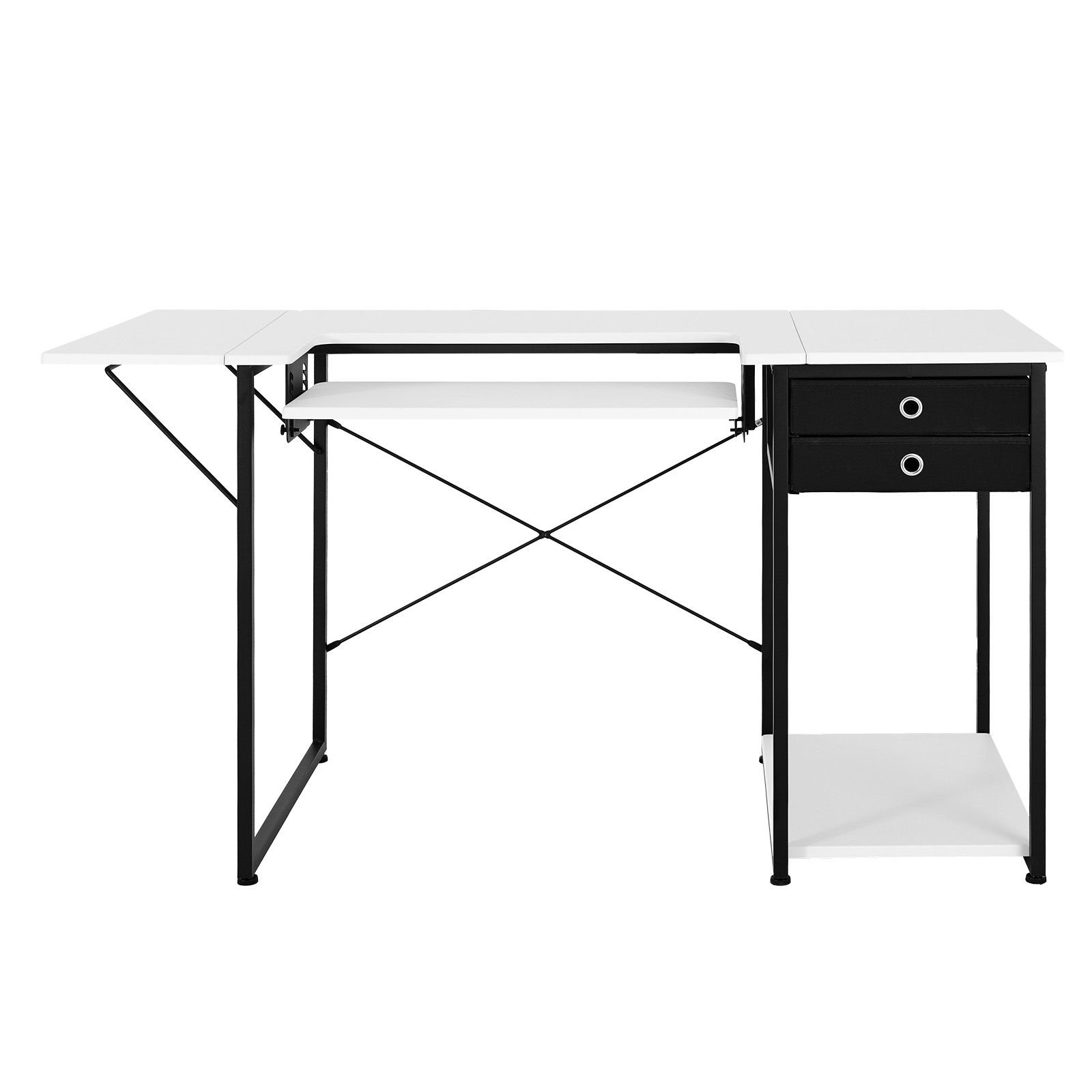 sewing table, multipurpose sewing machine table with drawers, foldable side shelf, adjustable shelf, steel legs, computer desk for home, fashion studio, art studio, educational institution