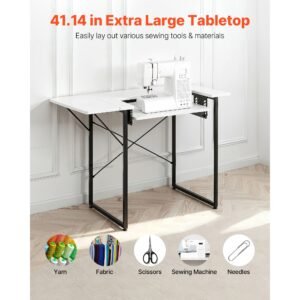 sewing table, multipurpose sewing machine table with foldable side shelf, adjustable shelf, steel legs, computer desk for home, fashion studio, art studio, educational institution, white