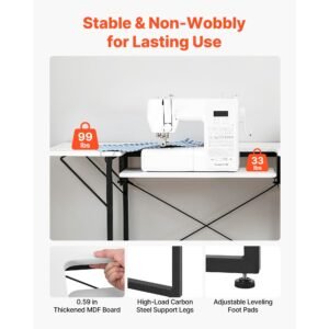 sewing table, multipurpose sewing machine table with foldable side shelf, adjustable shelf, steel legs, computer desk for home, fashion studio, art studio, educational institution, white