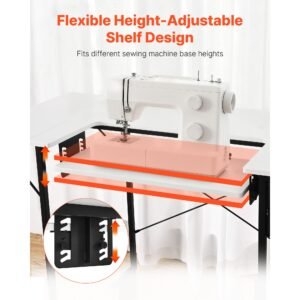 sewing table, multipurpose sewing machine table with foldable side shelf, adjustable shelf, steel legs, computer desk for home, fashion studio, art studio, educational institution, white