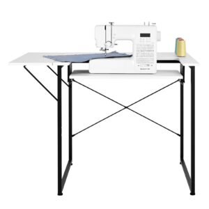 Sewing Table, Multipurpose Sewing Machine Table with Foldable Side Shelf, Adjustable Shelf, Steel Legs, Computer Desk for Home, Fashion Studio, Art Studio, Educational Institution, White