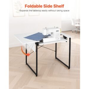 sewing table, multipurpose sewing machine table with foldable side shelf, adjustable shelf, steel legs, computer desk for home, fashion studio, art studio, educational institution, white