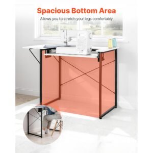 sewing table, multipurpose sewing machine table with foldable side shelf, adjustable shelf, steel legs, computer desk for home, fashion studio, art studio, educational institution, white
