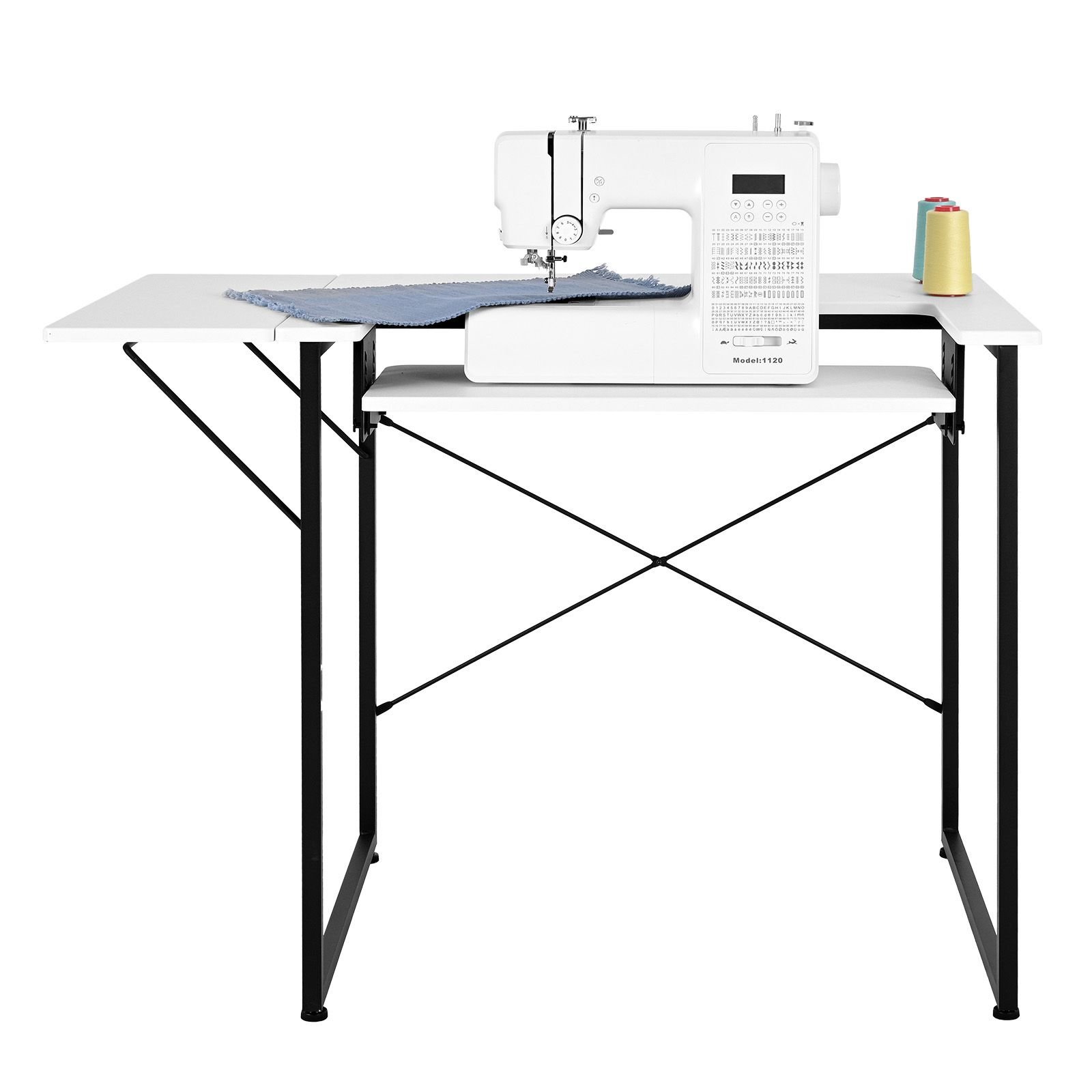 sewing table, multipurpose sewing machine table with foldable side shelf, adjustable shelf, steel legs, computer desk for home, fashion studio, art studio, educational institution, white
